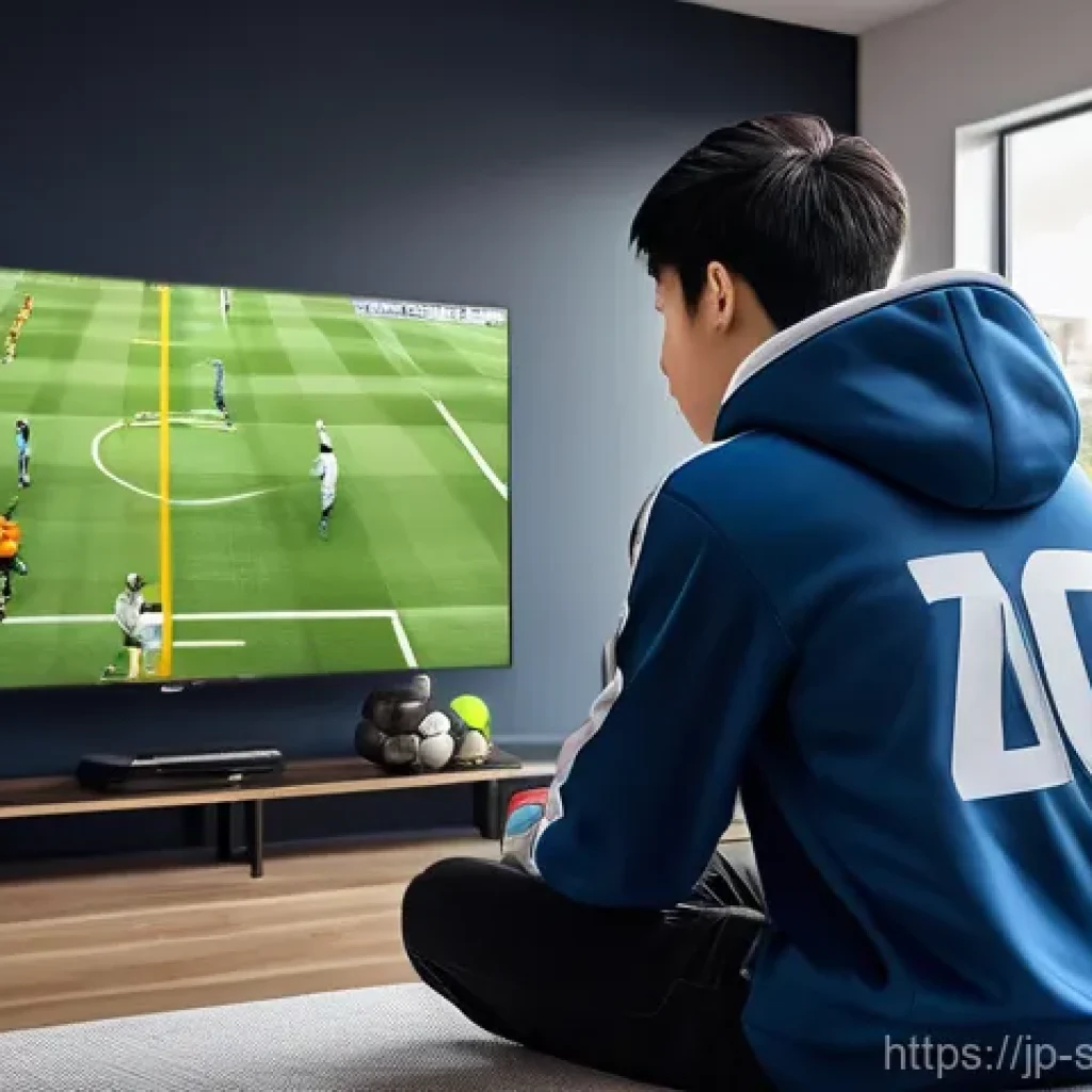 스포츠경영관리사와 스포츠 심판 제도 - A young, diverse sports fan, aged 18, sits comfortably in a modern, brightly lit living room, comple...