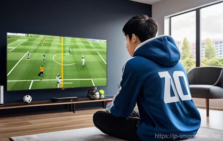 스포츠경영관리사와 스포츠 심판 제도 - A young, diverse sports fan, aged 18, sits comfortably in a modern, brightly lit living room, comple...