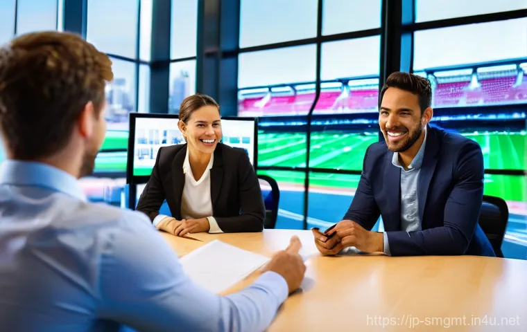 스포츠경영관리사와 연봉 데이터 통계 - **Prompt 1: Modern Sports Management Team Collaboration**
    An energetic and diverse group of five...