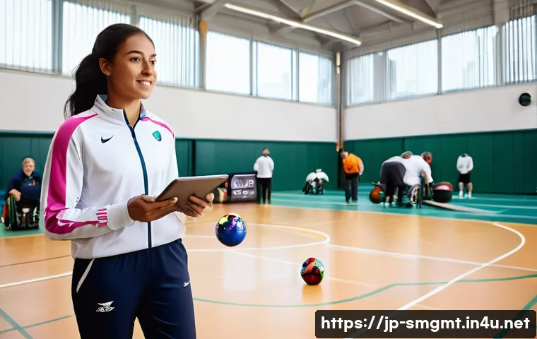 스포츠경영관리사와 장애인 스포츠 발전 - **Prompt:** A dynamic, modern indoor sports facility where a diverse group of people, including athl...
